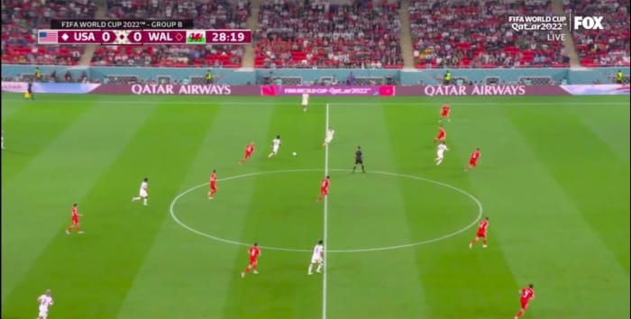 USMNT midfielder Yunus Musah drives past defenders vs. Wales.